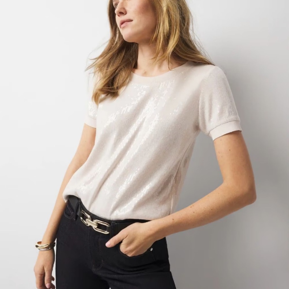 White House Black Market WHBM Sequin Tee Pearl Dust Sequin